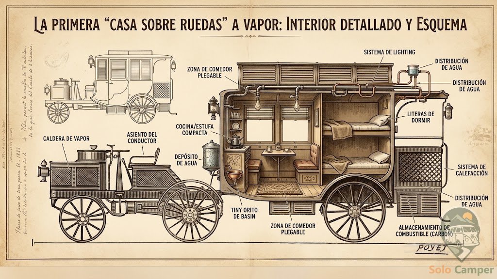 Esquema e interior detallado de la primera casa sobre ruedas a vapor