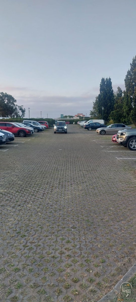 Aparcamiento de El Rinconín en Gijón con pavimento de celosía de hormigón y plazas ocupadas por turismos